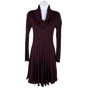Calvin Klein Womens S Burgundy Ribbed Knit Cowl Neck Fit Flare Pleated Dress